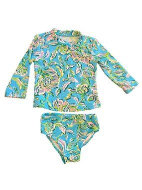 Lilly Pulitzer Girls Rash Guard Swim Set 2pc Floral Blue Pink Size 3 Long Sleeve